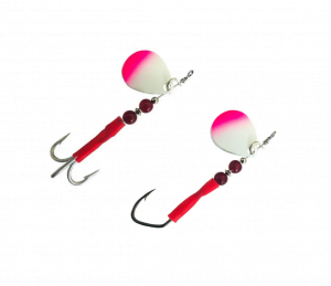 Spinner Rig for Salmon Trolling Behind a 360 Flasher (single-pack) for  Chinook & Coho (5/0 hooks) 1/2 white, 1/2 chrome, pink dot/pink candy back  